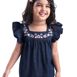 Babyhug Cotton Woven Half Sleeves Top with Floral Embroidery - Navy-image-90