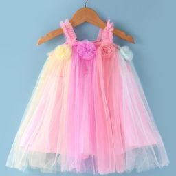 Babyhug Woven Sleeveless Solid Colour A Line Party Frock with Floral Applique - Yellow & Pink-image-92