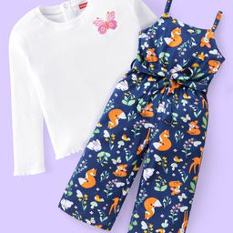 Babyhug Single Jersey Knit Deer Print Jumpsuit with Full Sleeves Inner Top - Navy Blue & White-image-52