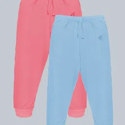 Kiddopanti Cotton Pack Of 2  Solid Track Pants - Coral Pink & Ink Blue-picture-36