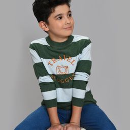 Mi Arcus Full Sleeves Travel Blogger Text Detailed Striped Sweater - Green & Blue-image-65