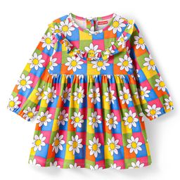 Babyhug Cotton Knit Full Sleeves Frock with Frill Detailaing & Floral Print - Yellow Green & Blue-image-97