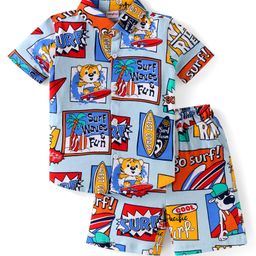 Babyhug Single Jersey Knit Half Sleeves Shirt & Shorts Set with Animal & Beach Print - Blue-image-6