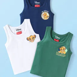 Babyhug Disney Interlock Knit Sleeveless Vests with Simba Graphics Pack of 3 - Green Navy Blue & White-picture-38