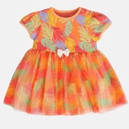MINI KLUB Cotton Short Sleeves Leaves Printed Frock Style Onesie - Orange-image-57
