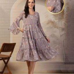 Zelena Three Fourth Sleeves Floral Printed Maternity Feeding Dress With Zip Nursing Access & Pockets - Brown-picture-3