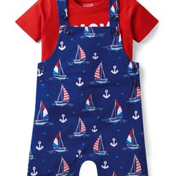 Babyhug Single Jersey Knit Half Sleeves T-Shirt & Dungaree with Nautical Theme &Ahoy Days Text Print - Red & Navy Blue-image-18