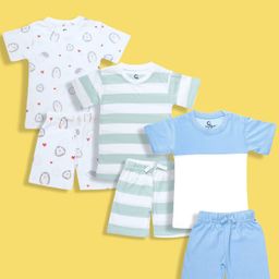 Orange Sugar 100% Cotton Knit Pack of 3 Half Sleeves Porcupine Printed & Colour Blocked Tees & Coordinating Shorts Set - Multi Colour-3