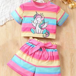 J&JP Cotton Half Sleeves Baby Unicorn Printed & Striped Coordinating Tee & Shorts Set - Multi Colour-image-14