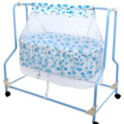Infanto Cocoon Baby Cradle | Palna | Jhula - Mosquito Protection Net, Sturdy Metal Frame,360 Lockable Wheels, Swing Lock, Soft Fabric | 0 to 12 Months CC37-STD-BLUE-26