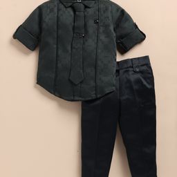 LITTLE COLLARS Blended Full Sleeves Checked Shirt & Trouser With Tie Set - Olive Green-image-38