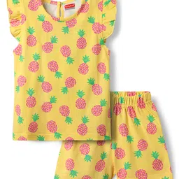 Babyhug Cotton Knit Frill Sleeves Co-ords Shorts Night Suit With Pineapple Print - Yellow-picture-32