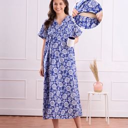 Bella Mama Cotton Woven Half Sleeves Maternity Nighty with Floral Print - Blue-picture-10
