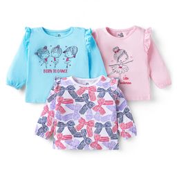 Doodle Poodle 100% Cotton Knit Full Sleeves Tops with Bow & Ballerina Print & Frill Detailing Pack of 3 -Baby Pink White & Light Blue-picture-4