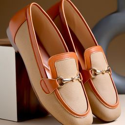 Shoetopia Metal Applique Detailed Textured Slip On Loafers - Tan-image-82