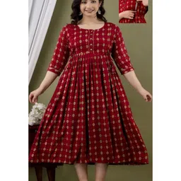 NEVISHA STYLE Cotton Woven Three Fourth Sleeves Ethnic Motif Printed Maternity Kurta With Nursing Access - Red-picture-39