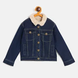 JWAAQ Cotton Woven Full Sleeves Thread Work Embroidered & Fur Detailed Denim Jacket - Navy Blue-picture-11
