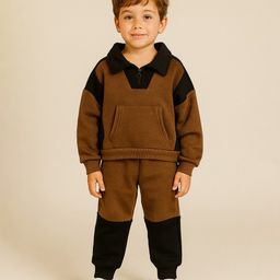 Aww Hunnie Fleece Knit Full Sleeves Colour Blocked Sweatshirt With Coordinating Joggers Set - Brown-picture-12