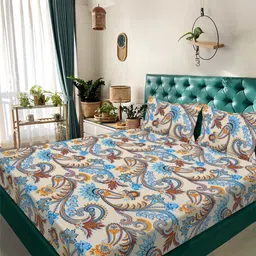 FABINALIV Beige & Blue Ethnic Motifs Printed 300 TC King Bedsheet 2.50 m X 2.25 m-picture-40