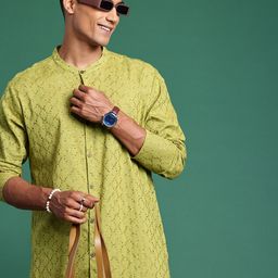 Sangria Men Geometric Embroidered Thread Work Pure Cotton Kurta-20