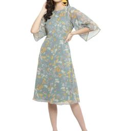 METTLE Basil Green Floral Print A Line Dress-image-32