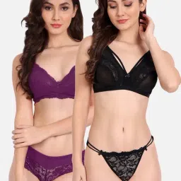FIMS: Fashion is my Style Black & Purple Lace Work Lingerie Set - Pack Of 2-image-73