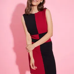 StyleStone Red Colourblocked Round Neck Bodycon Dress-image-44