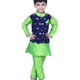 BownBee Kids Green Embroidered Kurta & Pajamas-image-70