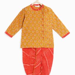 Campana Kids Mustard & Orange Floral Print Full Sleeves Kurta with Dhoti-image-96