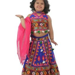Ahhaaaa Kids Blue & Pink Cotton Embroidered Lehenga Cholis-image-128