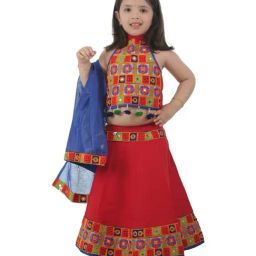 Ahhaaaa Kids Red & Blue Cotton Embroidered Lehenga Cholis-17