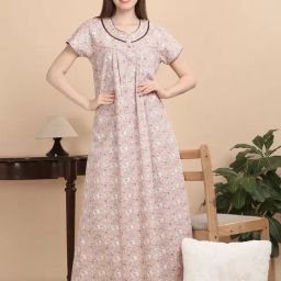 Sweet Dreams Beige & White Cotton Printed Nighty-picture-23