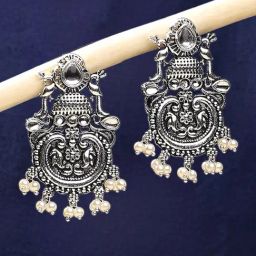 OOMPH Silver Oxidized Ethnic Dangler Earrings-11