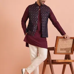KISAH Mandarin Collar Straight Kurta & Trouser With Woven Design Nehru Jacket-22
