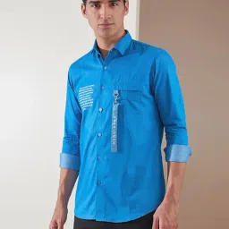 HE SPOKE Blue Cotton Tailored fit Typography Casual Shirt-picture-45