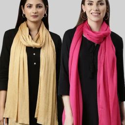 TWIN BIRDS Golden & Pink Plain Dupatta - Pack Of 2-10