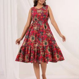 Janasya Pink Floral Printed A-Line Dress-image-75