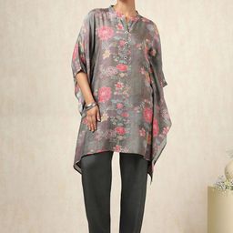 Soch Floral Printed Mandarin Collar Kaftan Pure Cotton Kurti With Trousers-image-5