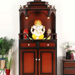DZYN Furnitures Brown & Gold Toned Brahma Kostha Wooden Large Floor Rested Pooja Temple-image-62