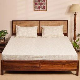 Fabindia Amiran Beige Cotton Printed 144 TC King Flat Bedsheet with 2 Pillow Covers-image-39