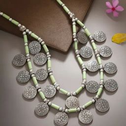 IMLI STREET Light Green & Silver Ethnic Tribal Handmade Beaded Coin Necklace-picture-8