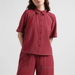 Only Maroon Viscose Relaxed Fit Shirt-image-48