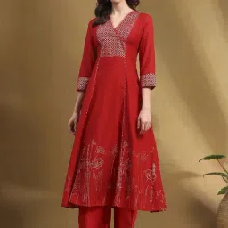 Biba Red Cotton Embellished Kurta Palazzo Set With Dupatta-11