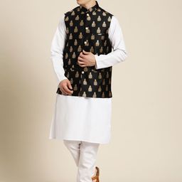 SOJANYA Men White Solid Pure Cotton Straight Kurta Churidar & Woven Design Nehru Jacket-58
