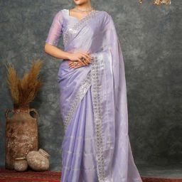 Satrani Lavender Embellished Saree With Unstitched Blouse-image-15