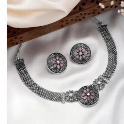 Peora Silver Plated Pink Synthetic Stone Studded Choker Necklace & Earrings Set-4