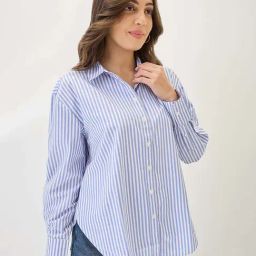 Globus Women Blue Cuffed Sleeves Vertical Stripes Curved Hem Workwear Shirt-image-7