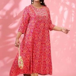 Globus Gloplus Women Red Round Embroidered Yoke Geometric Print Flared Hem Plus Size A-Line Kurta-picture-43