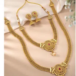 Peora Gold Plated Pink Synthetic Stone & Pearl Necklace with Earrings Set-image-17