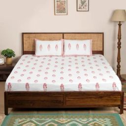 Fabindia Mina Buta Pink Cotton Printed 180 TC King Flat Bedsheet with 2 Pillow Covers-image-57